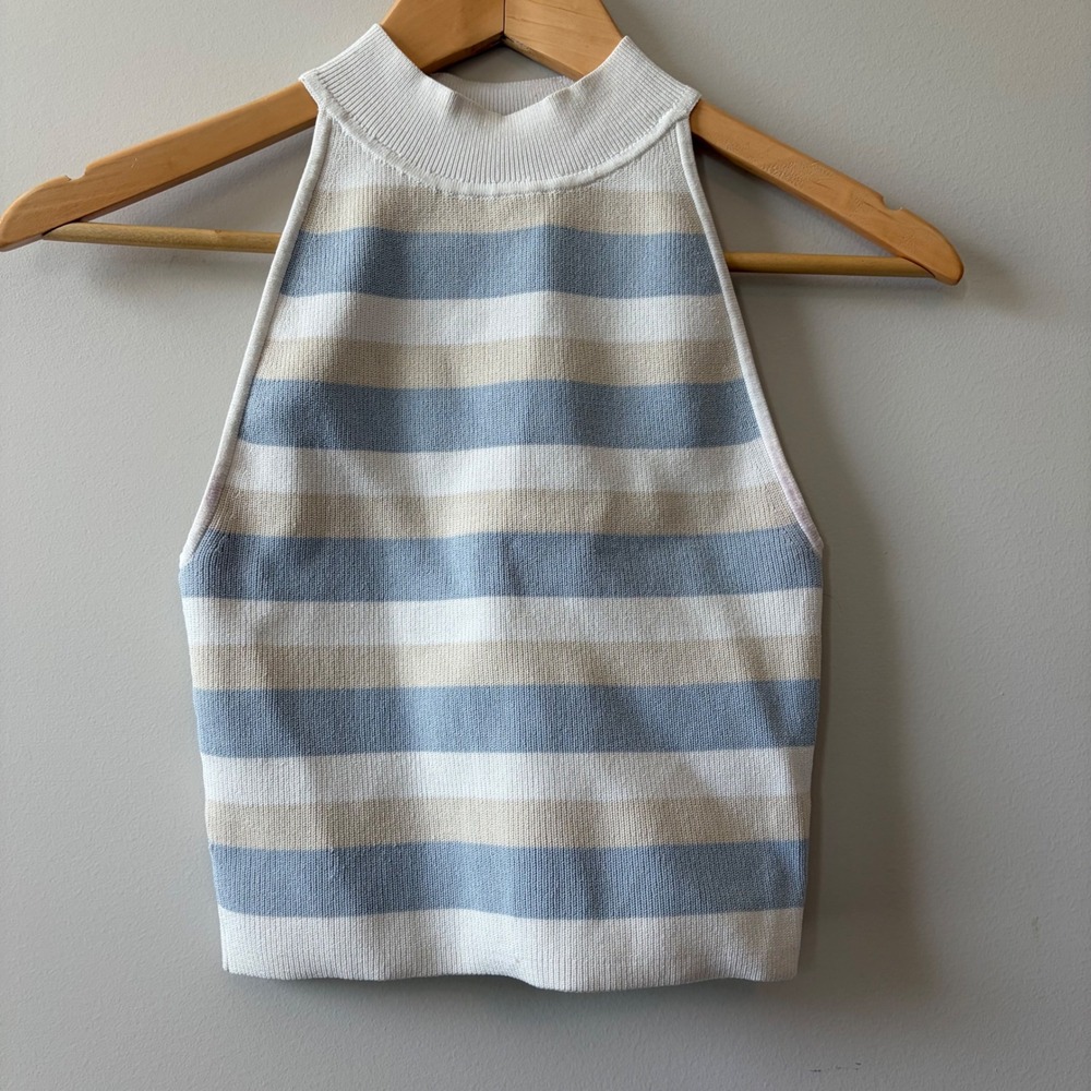 Babaton Striped Knit Halter Top Blue Beige White Mock Neck Cropped 99210